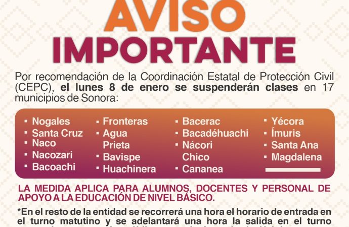Anuncia SEC Sonora suspensión de clases por bajas temperaturas en 17 municipios de la entidad