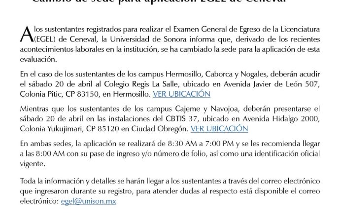 Anuncian nuevas sedes para realizar el Examen CENEVAL para estudiantes de la UNISON