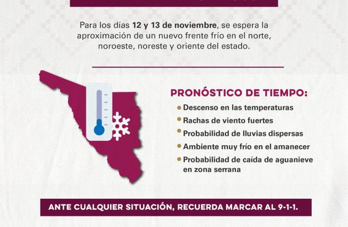 Advierten por llegada de frente frío no. 8 a Sonora