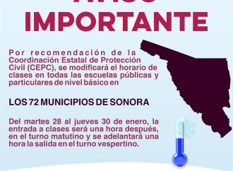 Retrasan horario de entrada en escuelas de nivel básico por temporal frío en Sonora