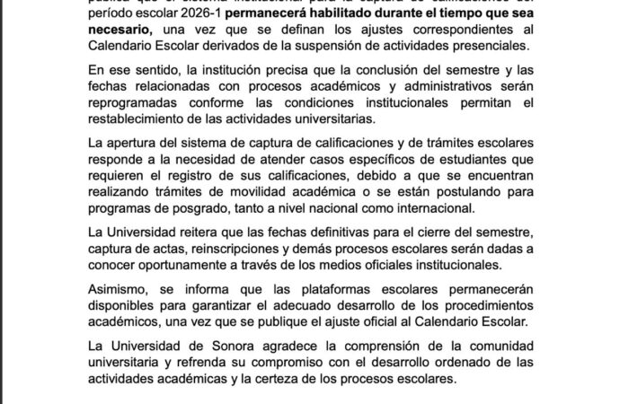Universidad de Sonora confirma modificación de calendario escolar por huelga