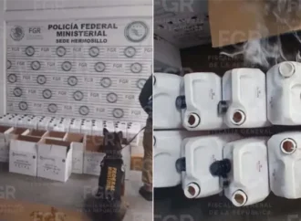 Aseguran 200 litros de metanfetamina en empresa de paquetería de Hermosillo