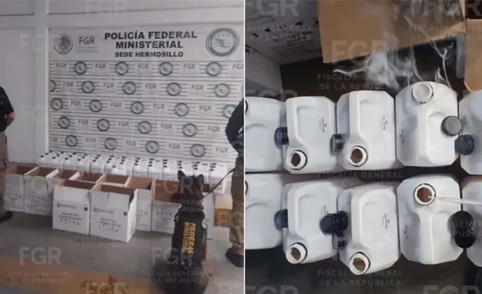 Aseguran 200 litros de metanfetamina en empresa de paquetería de Hermosillo