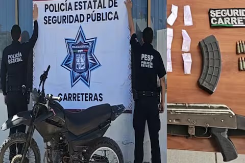 Aseguran fusil calibre 7.62 y metanfetamina tras fuga de motociclista en Sonora
