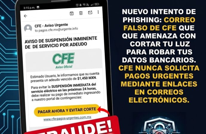 Alertan por correos falsos a nombre de CFE para robar datos bancarios